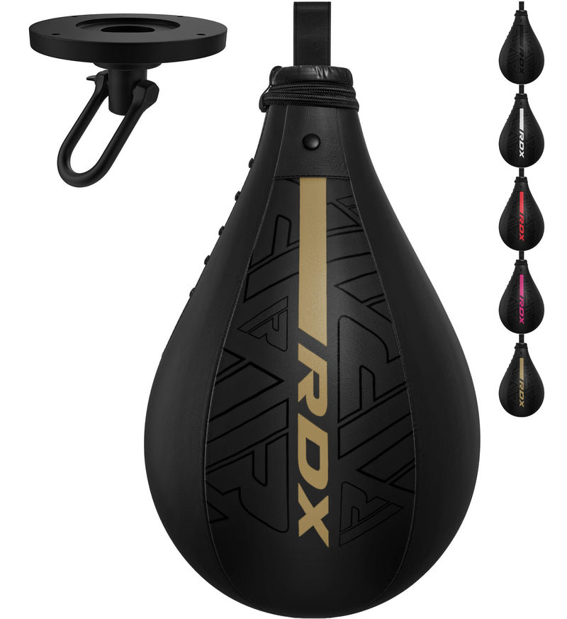 RDX Speed Bag Boxing Ball, Maya Hide Leather Dodge Striking Target with Additional Bladder, MMA Muay Thai Punching Workout Kicking Martial Arts Training Home Gym Exercise Speedball BLACK GOLDEN Speed Bag with Swivel