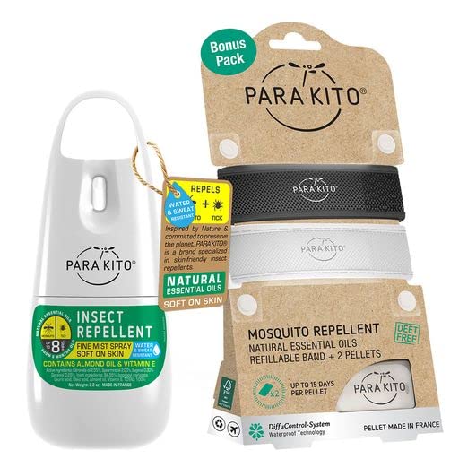 Para'Kito Mosquito Bonus Pack - 2 Mosquito Wristbands | 2 Refills (Black + White) + Insect Repellent Spray Black/White - BeesActive Australia