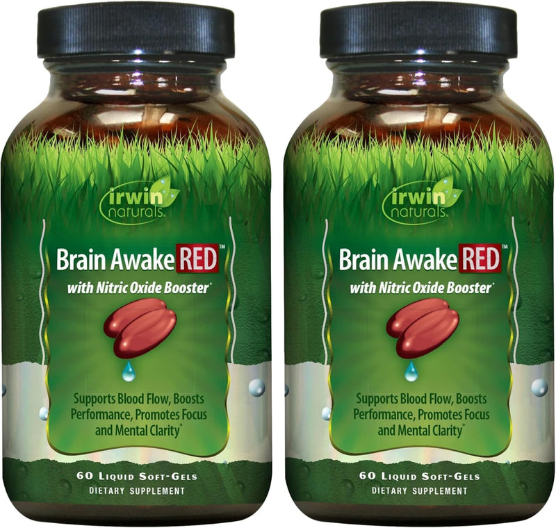 Irwin Naturals Brain Awake RED Focus & Mental Clarity Support - 2 Pack | Productivity & Cognitive Performance | Ginkgo + L-Theanine + L-Citrulline |60 Liquid Soft-Gels | 2 Pack 60 Count (Pack of 2)