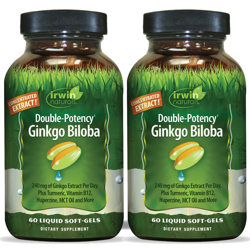 Irwin Naturals Double-Potency Ginkgo Biloba Extra Strength (2 Pack) | 240mg Ginkgo Biloba | Brain Circulation & Memory Support | Plus MCT Oil & Vitamin B12 | 2 X 60 Liquid Soft-Gels 60 Count (Pack of 2)