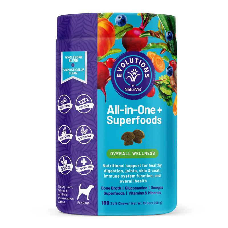 NaturVet Evolutions All-in-One + Superfoods 180ct Soft Chews for Dogs - Bone Broth, Superfoods Provides Nutritional Support for Healthy Digestion, Joints, Skin & Coat, Immune System, Overall Health 15.8 Ounce (Pack of 1)