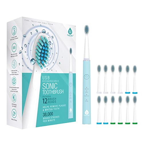 Pursonic Whitening USB Rechargeable Sonic Toothbrush-12 Brush Heads!- 38,000 Brush Strokes Per Minute-3 Brushing Modes with 2 Minute Auto Timer (Green) Green