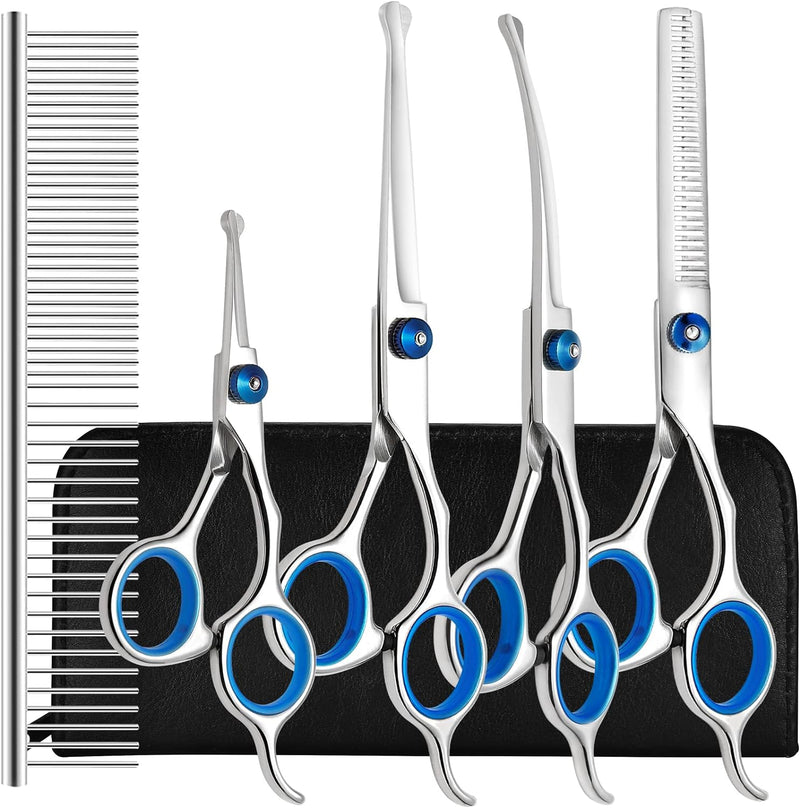 Dog Grooming Scissors Kit with Safety Round Tips, Professional 6 in 1 Grooming Scissors for Dogs, 4CR Stainless Steel Heavy Duty Titanium Coated Sharp & Durable Dog Thinning Shears For Pets, Blue - BeesActive Australia