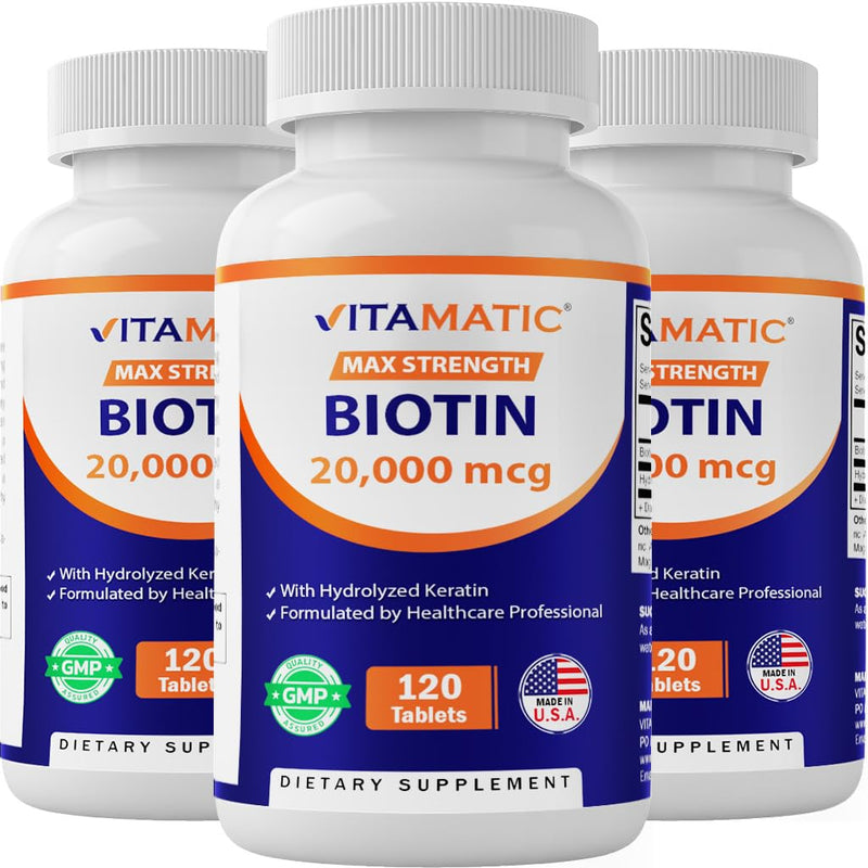 Vitamatic Biotin 20,000 mcg Tablets with Keratin, 120 Count - 3 Pack | Supports Healthy Hair, Nails and Skins*, Non-GMO, Gluten Free, Made in USA 360 Count (Pack of 1)