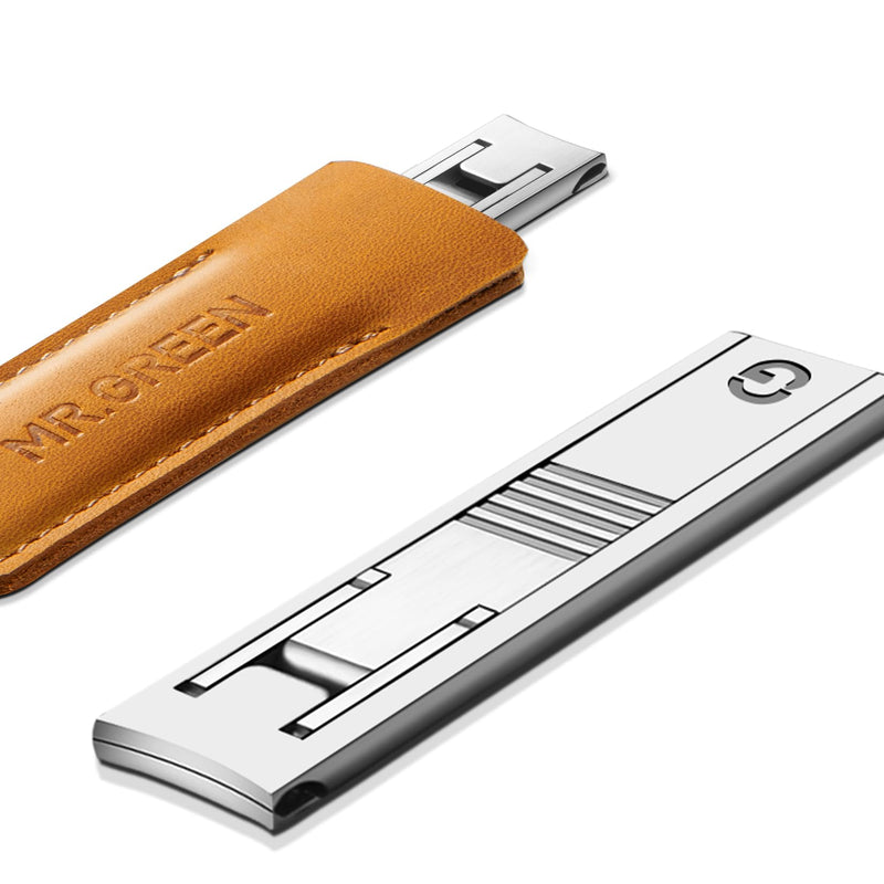 MR.GREEN Ultra Thin Nail Clippers German Precision Manufacturing Technology Nail Cutters with Cow Leather Cover Superior Texture (Light Grey) Light Brown - BeesActive Australia