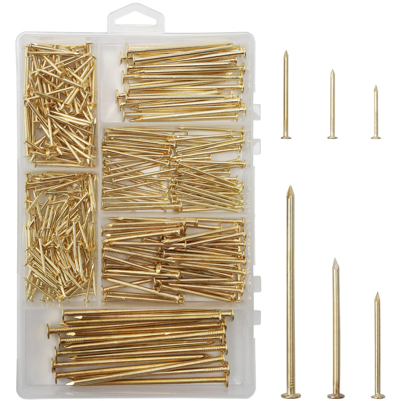 6 Sizes Gold Hardware Nails Assortment Kit, 358pcs, Brass Plated, Nails for Hanging Pictures, Finishing Nails, Wood Nails, Wall Nails for Hanging (3”, 2”, 1-1/2”, 1-1/4", 1”, 3/4") 358 - BeesActive Australia
