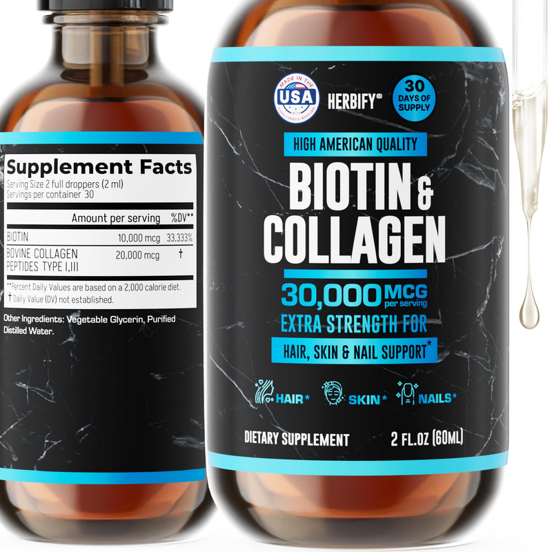 HERBIFY Liquid Biotin and Collagen Drops for Women & Men, 30 Days of Supply - Support Hair, Skin & Nails - Liquid Collagen for Women - 2 FL Oz Made in USA 2 FL Oz Unflavored