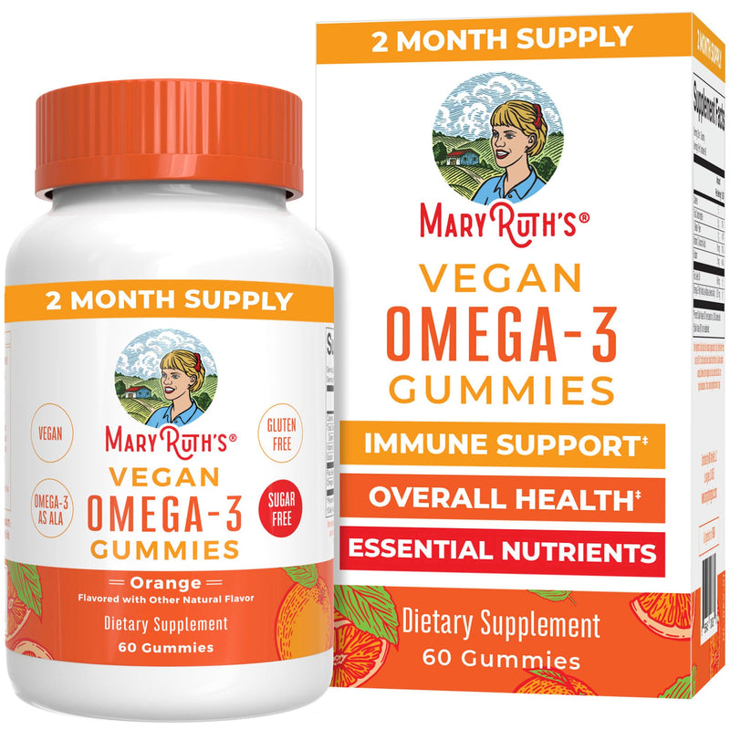 MARYRUTH'S Vegan Omega 3 Gummies for Adults, 60 Count, 2 Month Supply | Sugar Free Supplement with Vitamin C, Flaxseed Oil Immune Support, Overall Wellness, No Fish Taste
