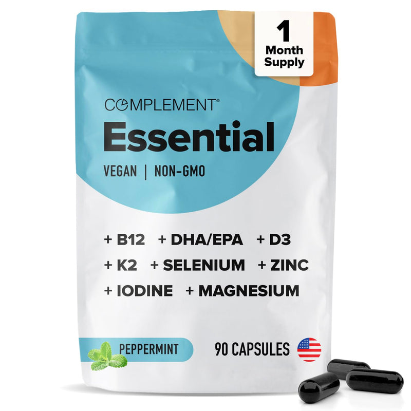 Complement Essential Vegan Multivitamin for Women & Men (30 Servings) | Immune Support Supplement - Omega-3 DHA & EPA, B12, Vitamin D3 & K2, Zinc, Selenium, Magnesium, Iodine 90 Capsules 90 Count (Pack of 1) Vitamins Only