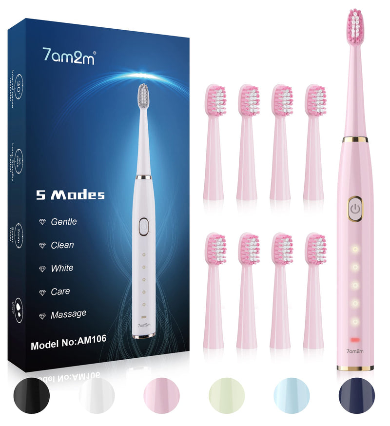 7AM2M Sonic Electric Toothbrush for Adults and Kids- High Power Rechargeable Toothbrushes with 8 Brush Heads,5 Adjustable Modes, Built-in 2-Minute Smart Timer,4 Hours Fast Charge for 30 Days(Pink) Pale Pink - BeesActive Australia