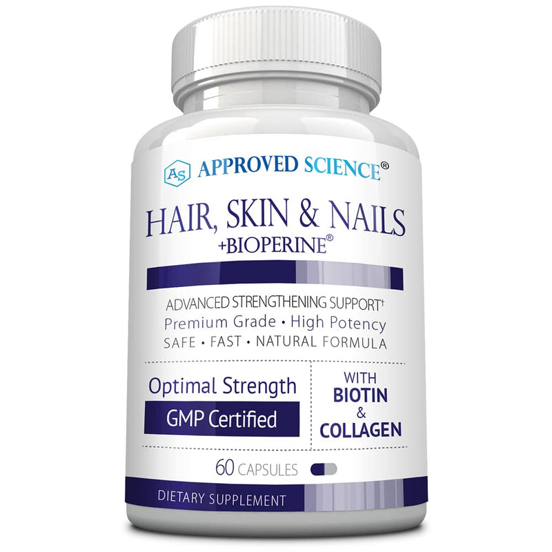 Approved Science Hair, Skin and Nails - Support Supplement - Biotin, Collagen, Vitamin B Complex, Silica, BioPerine - 60 Capsules - 1 Month Supply