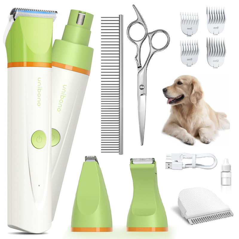 Dog Grooming Kit with Paw Trimmer, All-in-One Low Noise Electric Rechargeable Cordless Small Quiet Pet Clippers Foot Dog Hair Shaver with Stainless Steel Scissors and Comb for Dogs Cats at Home Green - BeesActive Australia