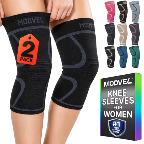 Modvel 2 Pack Knee Brace for Women - Knee Support for Walking, Knee Compression Sleeves for Pain Relief, Knee Sleeves for Women, Knee Brace for Sports, Workouts & Arthritis Black/Grey - Best Seller Large