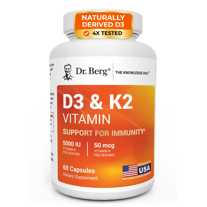 Dr. Berg Maximum Strength 7-in-1 Vitamin D3 K2 5000 IU | Naturally Derived D3 | 4X Lab-Tested & Verified | High Absorption Formula | K2 D3 Vitamin Supplement | 60 Capsules 60 Count (Pack of 1)