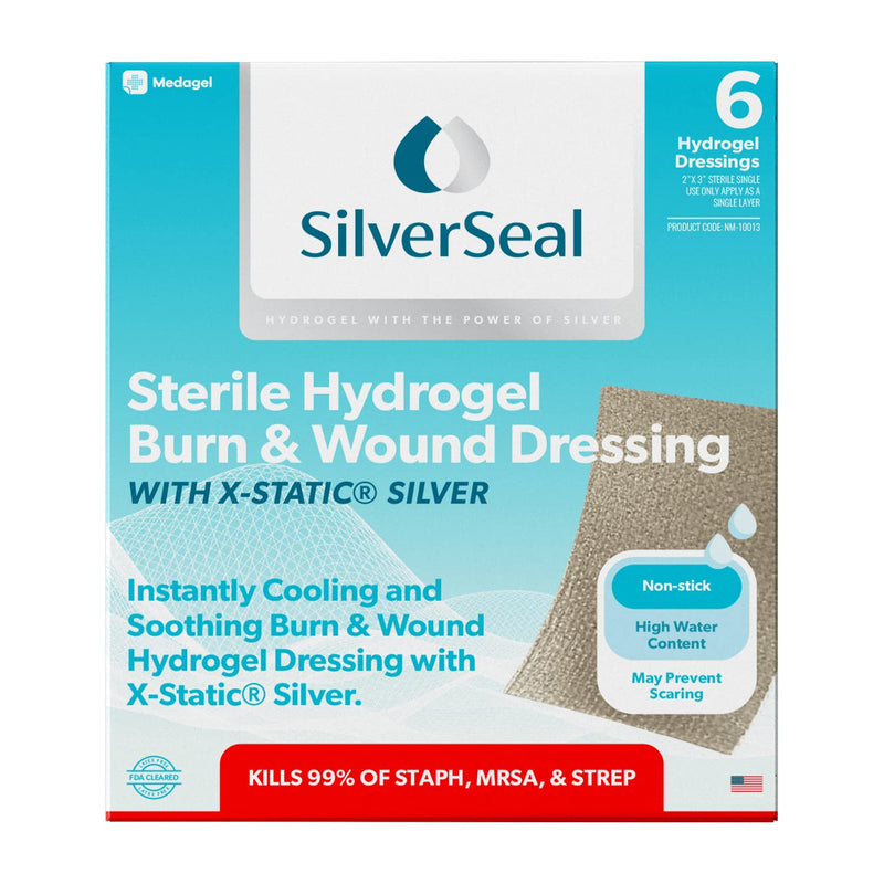 SilverSeal Burn and Wound Dressing, Hydrogel Pads with X-Static Silver, Soothing, Moist & Protective for Burns, Cuts & Wounds, 2" x 3" Sterile Dressings, 6 Count 2"x3" Patch (6 Count) - BeesActive Australia