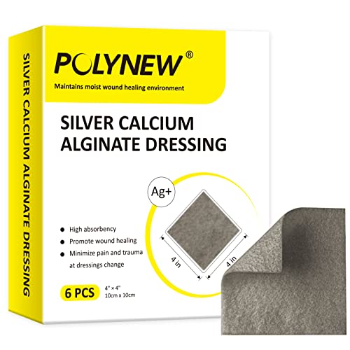 Silver Calcium Alginate Dressing, 4”x4”-6 Individual Package Highly Absorbent, Non-Adhesive, Painless Removal Ag Alginate Wound Bandage for Burns, Ulcers, Abrasions, Pressure Sore Silver Calcium Alginate 4"x4" (6 Pcs/Box)