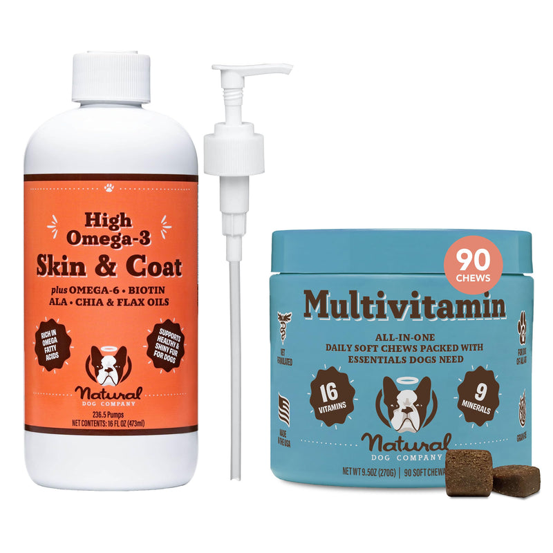 Natural Dog Company Everyday Itch Relief Bundle, Includes (1) Multivitamin Supplement Chews -90 pcs and (1) Skin and Coat Oil Food Topper-16 oz., Vitamins for dogs, Itch relief, Skin and Coat suppleme - PawsPlanet Australia