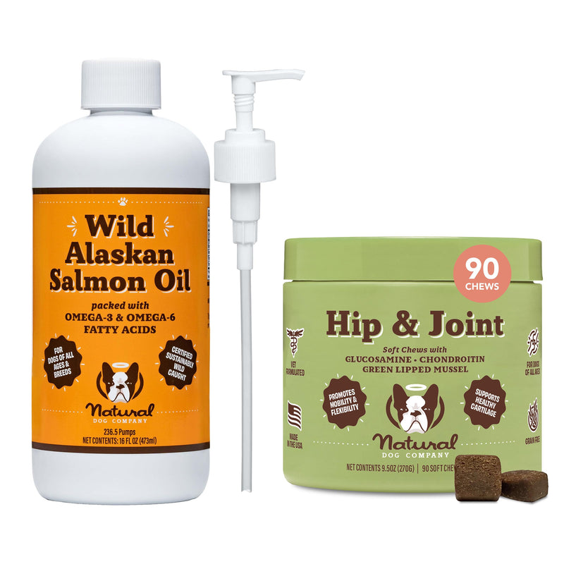 Natural Dog Company Healthy Joints Bundle, Includes (1) Wild Alaskan Salmon Oil - 16 oz., (1) Hip and Joint Chews Supplement - 90 pcs, Vitamins for Dogs, Fish Oil for Dogs - PawsPlanet Australia
