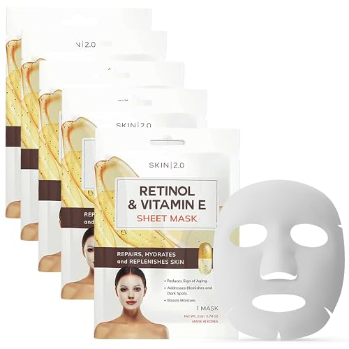 Skin 2.0 Retinol & Vitamin E Sheet Mask - Anti-Aging, Acne Scar & Hyperpigmentation - Hydrating, Dermatologist Tested Korean Skincare - Clean Beauty, Cruelty-Free, All Skin Types - 5 Masks Retinol and Vitamin E