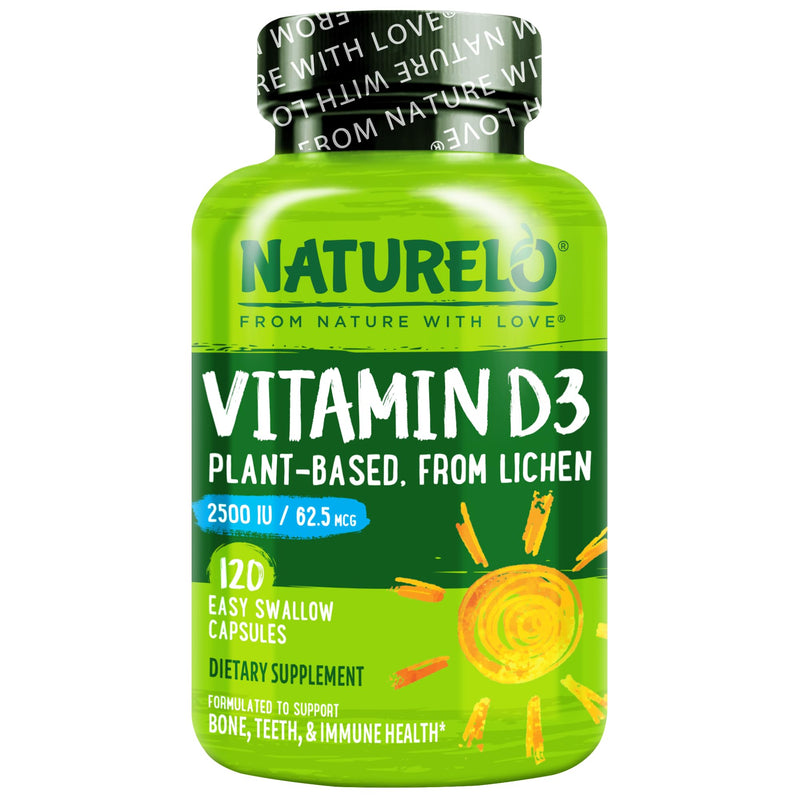 NATURELO Vitamin D3 2500 IU, Joint Support & Bone Health, 120 Count | Vegan D3 Supplement, Vitamin D Supplements for Immune System, Plant-Based Capsules, Non-GMO, Gluten Free Unflavored 120 Count (Pack of 1)