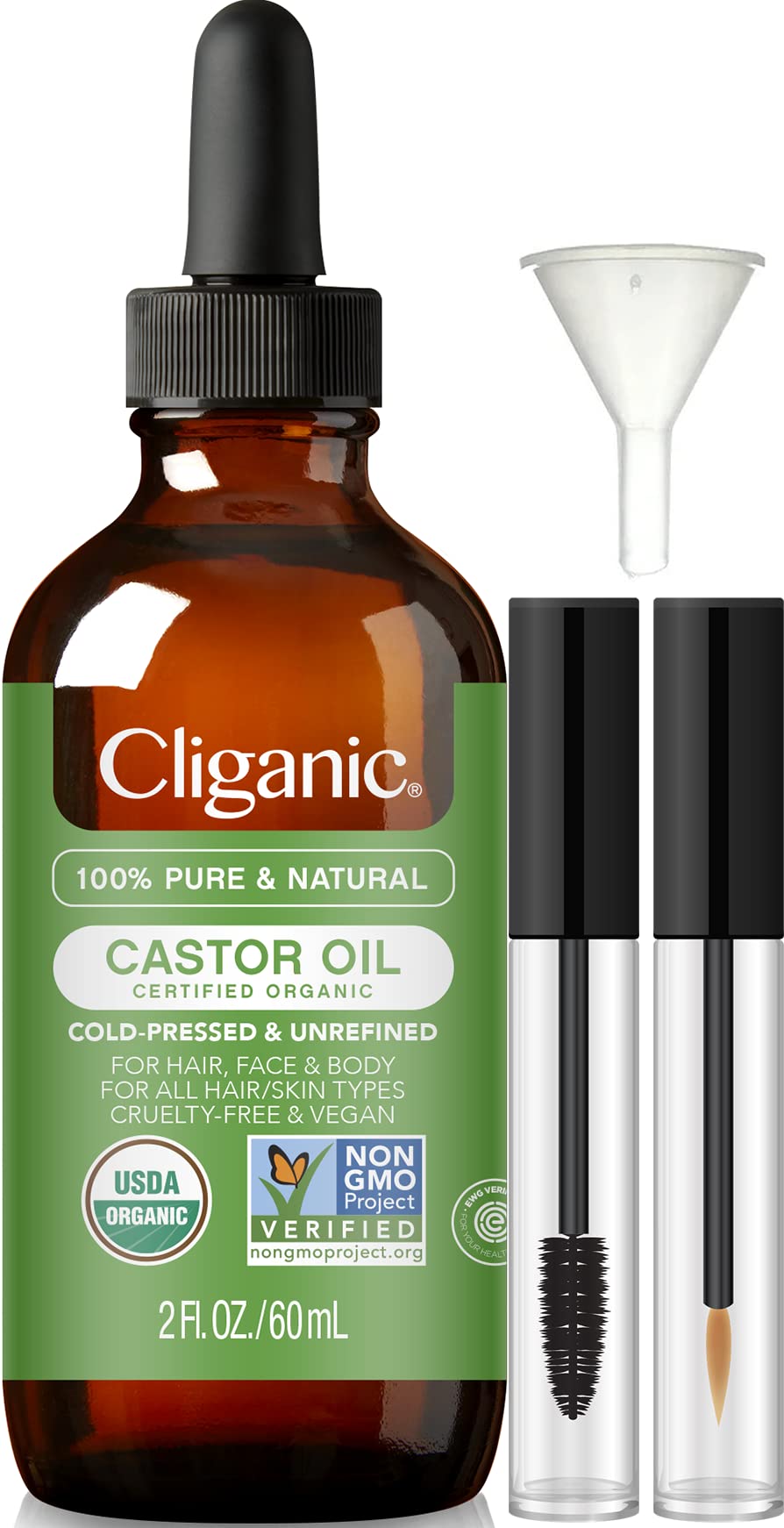 Cliganic Organic Castor Oil, 100% Pure (2oz with Eyelash Kit) - For Eyelashes, Eyebrows, Hair & Skin - BeesActive Australia