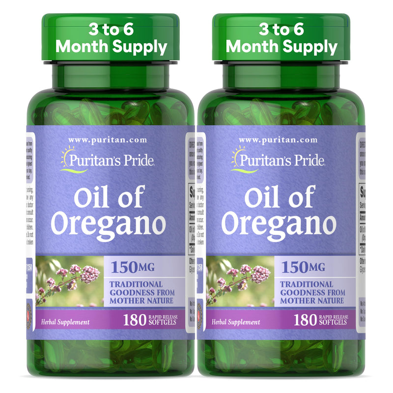 Puritan's Pride Oil of Oregano 150mg, Traditional Herbal Immune Support, 180 Rapid Release Softgels, Pack of 2 360 count