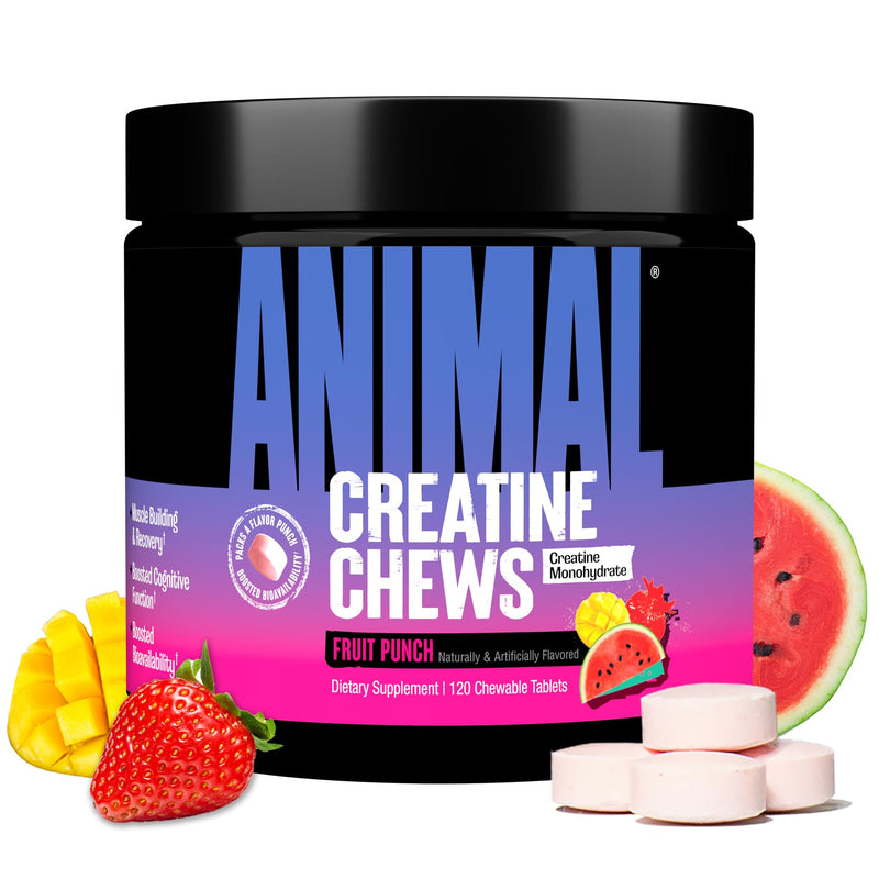 Animal Creatine Chews Tablets - Enhanced Creatine Monohydrate with AstraGin to Improve Absorption, Sea Salt for Added Pumps, Delicious and Convenient Chewable Tablets - Fruit Punch Creatine - Fruit Punch 120 Count (Pack of 1)