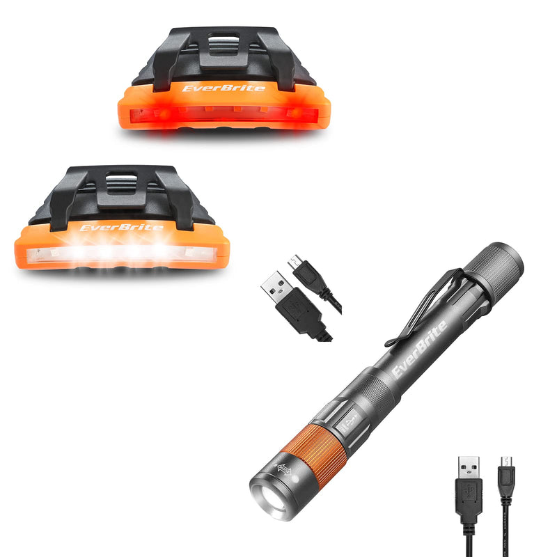 EverBrite 2 Pack Rechargeable Hat Light + Rechargeable Pen Light, 4 Lighting Modes, Zoomable