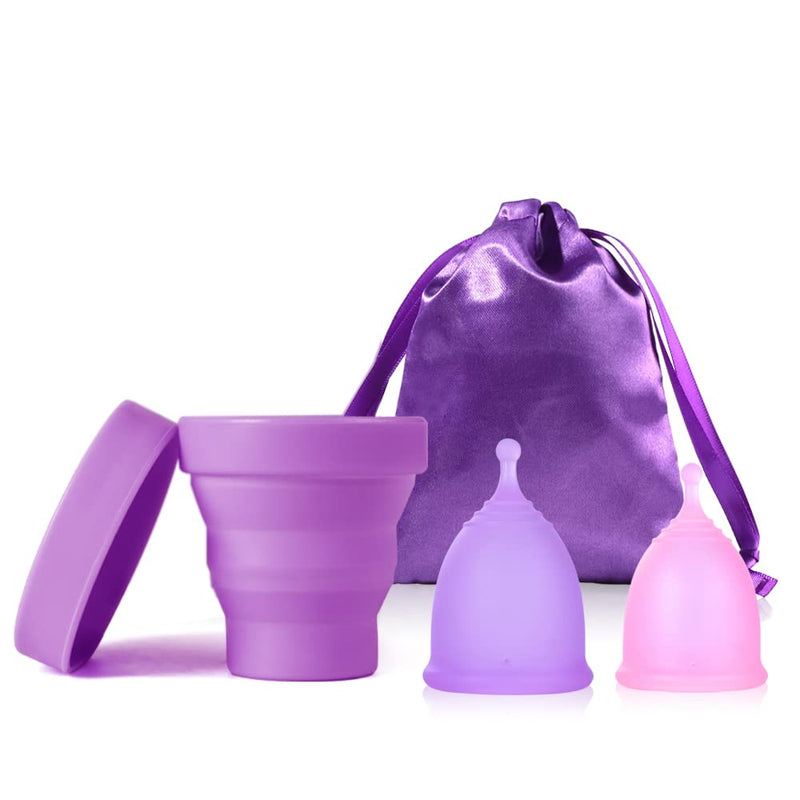 Menstrual Cups with Collapsible Storage Cup, Leak-Proof Design with Medical Grade Silicone Period Cups Reusable, Tampon and Pad Alternative,for Light Flow and Heavy Flow Large+Small Large+ Small Purple+pink