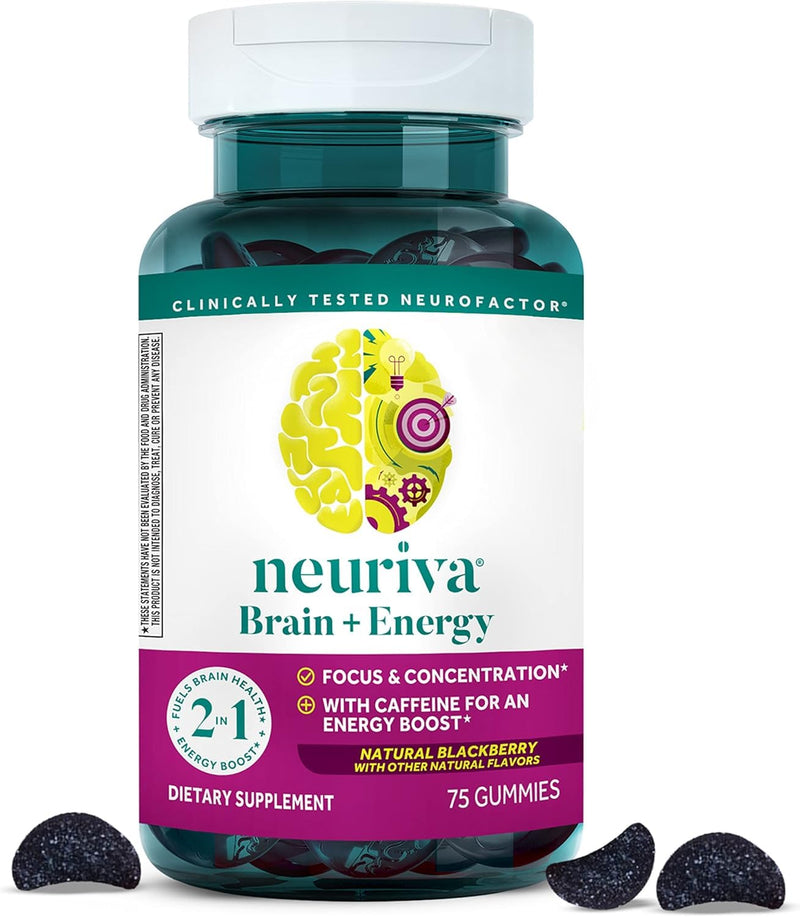 NEURIVA Brain + Energy Supplement - 75 Count Capsules | Brain Supplements for Focus, Concentration, Energy Boost, Vitamin B12, Caffeine, Neurofactor, 75 Count (Pack of 1)