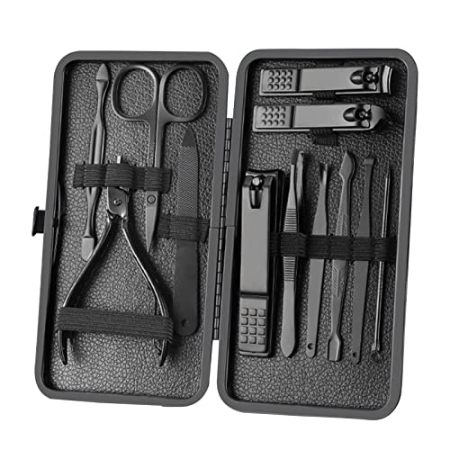 Manicure Set Nail Clippers Pedicure Kit -12PCS Stainless Steel Manicure Kit, Professional Mens Grooming Kits, Nail Care Tools with Luxurious Travel Leather Case Gift Box (12, Black) 12