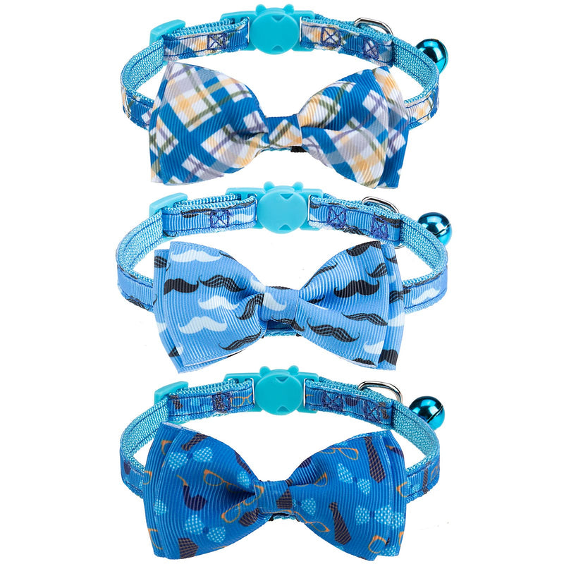Breakaway Cat Collar with Removable Bow Tie and Bell, Cute Multi-Style Patterns, 3 Pack Safety Buckle Kitten Collars, Adjustable Pet Collar for Boy Cats Puppy Blue - BeesActive Australia