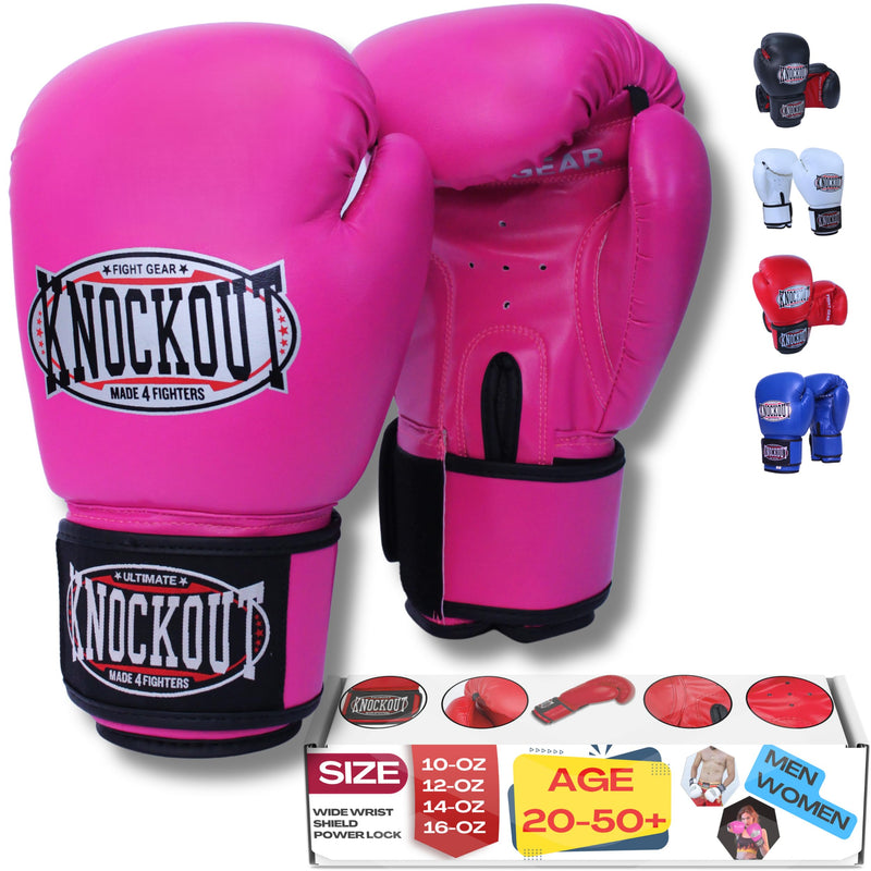 Knockout Gel Boxing Gloves for Men Women - Pro Training Sparring, Maya Hide Leather Muay Thai MMA Kickboxing, Adults-Kids Heavy Bag Workout Gloves for Boxing -Ultra-Wide Wrist Support 10 oz - 16 oz Pink