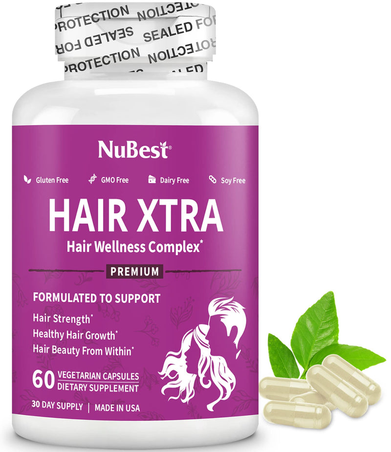 NuBest Hair Xtra Hair Growth Vitamins for Women & Men, Biotin 3000 mcg Hair Supplement with MSM, Zinc, B Vitamins, Horsetail & Hyaluronic Acid, Hair Skin and Nails Support, 60 Capsules 60 Count (Pack of 1)