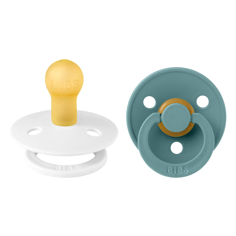 BIBS Colour Dummies 2 Pack BPA Free Cherry Shape Nipple Natural Rubber Latex Made in Denmark 0-6 Months (2 Pack) White/Island Sea - BeesActive Australia