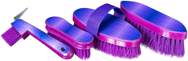 Tough 1 Printed 4 Piece Grooming Brush Set with Hoof Pick- Purple Chevron - BeesActive Australia