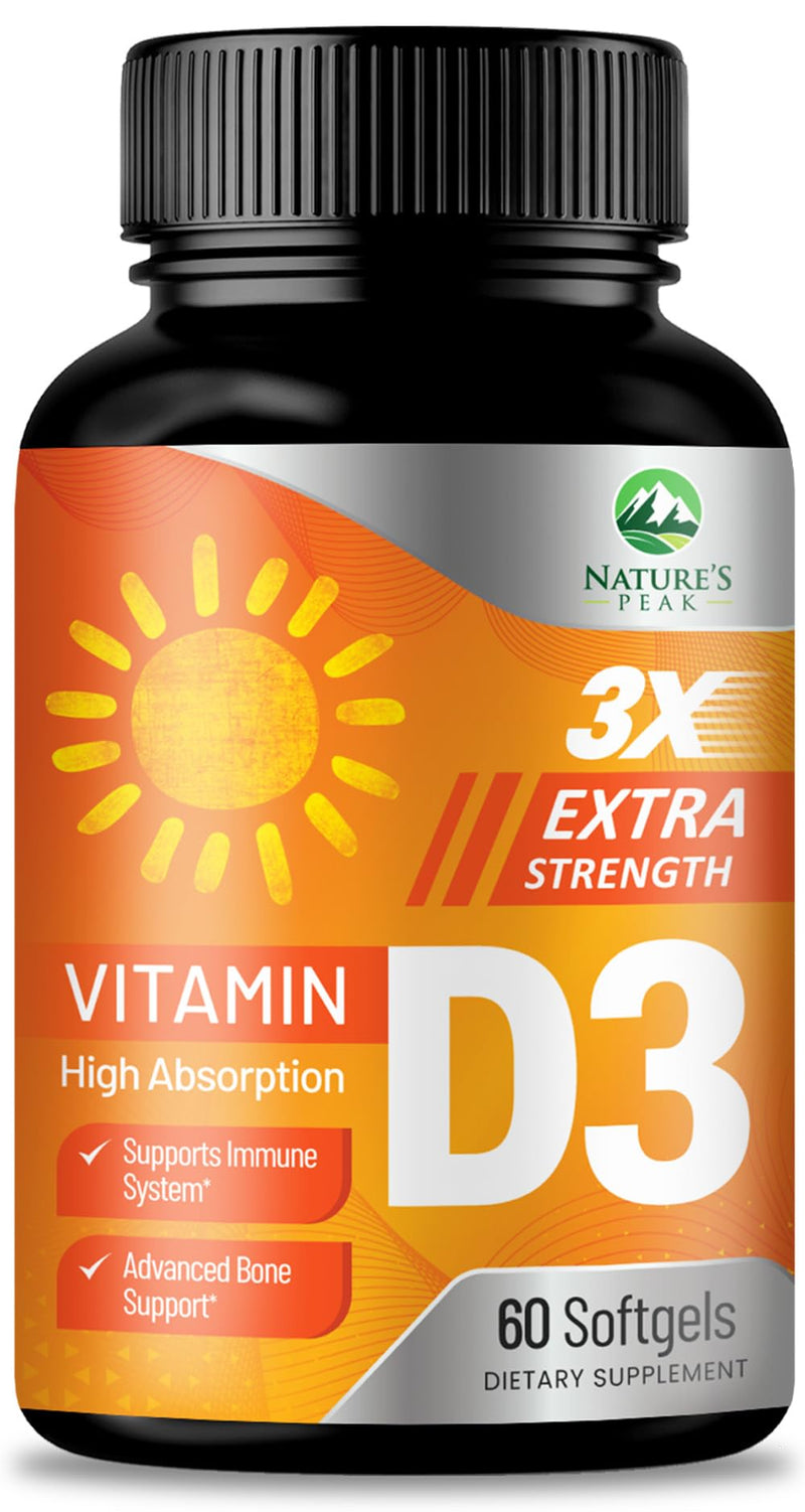 Vitamin D-3 5000 IU (125 mcg) Per Serving Softgels - Extra Strength Vitamins D Dietary Supplement for Bone, Teeth, Muscle Health & Immune Support, Rapid Absorbtion USA Bottled, Gluten Free - 60 Count 60 Count (Pack of 1)