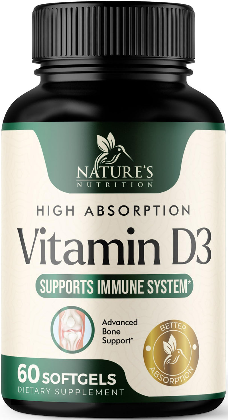 Vitamin D3 5000 IU 125 mcg Per Serving - Extra Strength Vitamin D for Bone Health, Teeth, Muscle & Immune Support - High Absorption D3 Supplement - Non-GMO Gluten Free - USA Bottled - 60 Softgels 60 Count (Pack of 1)