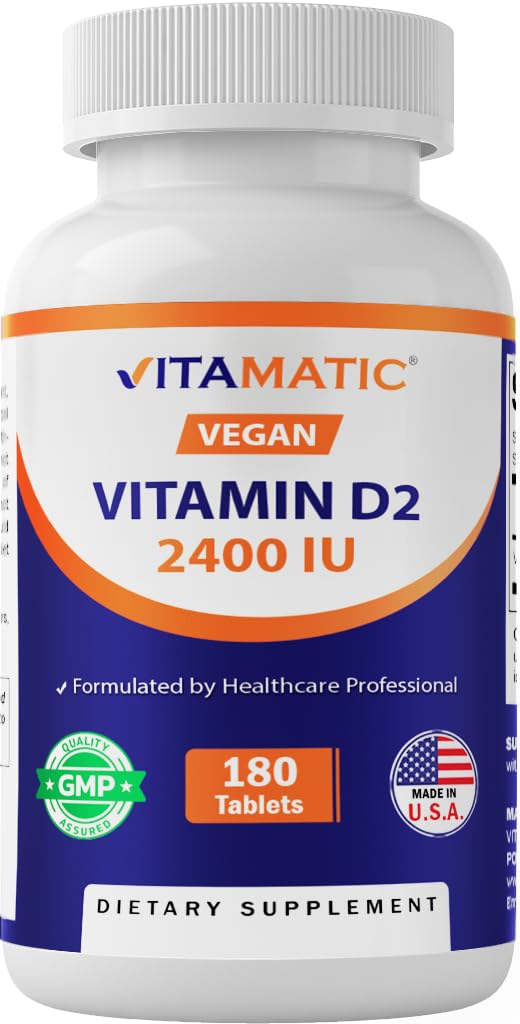 Vitamatic Vegan Vitamin D2 2400 IU Tablets, 180 Count, Made in USA | Ergocalciferol, Immune Health Support*, Non-GMO, Gluten Free 1 Bottle
