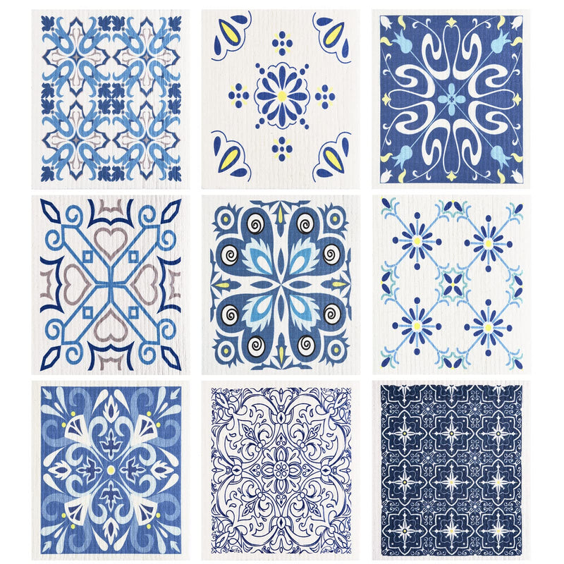 WILLBOND 9 Pieces Blue Style Swedish Kitchen Dishcloths Reusable Absorbent Hand Towels Sponge Cloth for Baking Cooking Kitchen Home Decoration Housewarming Gift Blue Print - BeesActive Australia