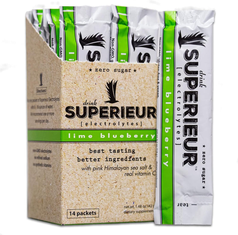 Superieur Sea Mineral Electrolyte Powder, Lime Blueberry, 14 Packets | Plant-based and vegan; zero sugar, keto friendly, non-GMO; for hydration and recovery; healthy sports drink 14 Servings