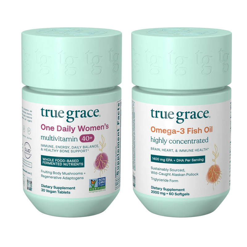 True Grace One Daily Women’s Multivitamin 40+ (30 Vegan Tablets) & Omega-3 Fish Oil (60 Softgels) - Gluten Free, Soy Free, Organic - 30-Day Supply of Each