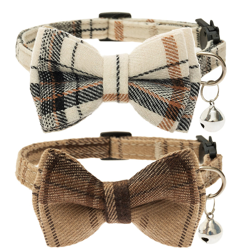 Breakaway Cat Collars - Bow Tie Cute Cat Collar with Bells for Girl Boy Cats, Puppy - Plaid Soft Adjustable Pet Collars Cat Accessories neck 7.8"-10.5" beige&brown - BeesActive Australia