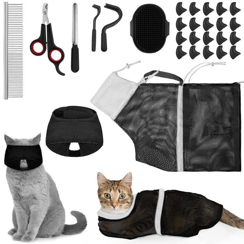 9 Pieces Cat Bathing Bag Set Cat Shower Bag Anti Bite and Anti Scratch Cat Grooming Bag for Pet Washing Brush Comb, Cat Muzzle, Nail Clipper, Nail File, Tick Tool (Black) Black - BeesActive Australia
