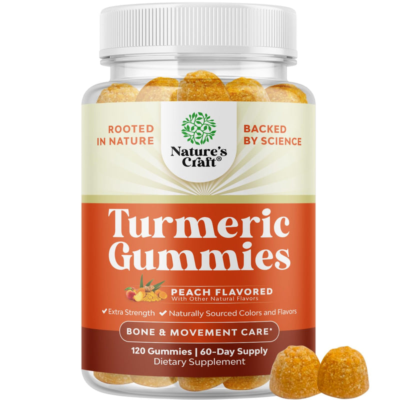 Natures Craft Turmeric Gummies for Adults - Extra Strength Immune Support Gummies with Turmeric Curcumin, Black Pepper Extract and Ginger - Peach Flavor Vitamins for Adults - 120 Count 120 Count (Pack of 1)
