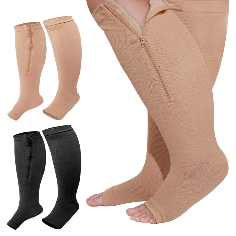 Hillban 2 Pair Plus Size Calf Zipper Compression Socks 15 to 20 Mmhg Open Toe Compression Stockings for Overweight Women Men 4X-Large Black, Nude - BeesActive Australia