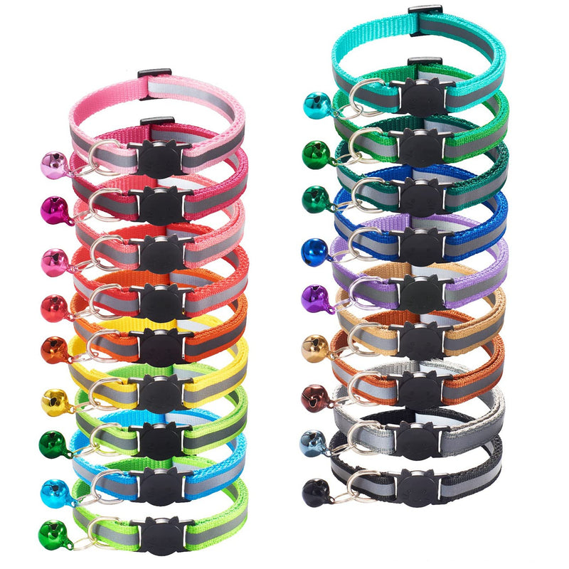 18Pcs Reflective Cat ID Collars with Bell Adjustable 19-32cm, Soft Nylon Adjustable Breakaway Identification Collars for Puppy Kittens Reflective strip - BeesActive Australia