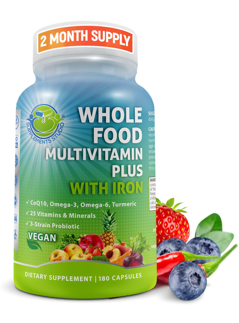 Vegan Whole Food Daily Multivitamin with Iron, Methylated Multivitamin for Women and Men, Made with Fruits & Vegetables, B-Complex, Probiotics, Enzymes, CoQ10, Omegas, Turmeric, Non-GMO, 180 Count 180 Count (Pack of 1) Unisex Multivitamin With Iron