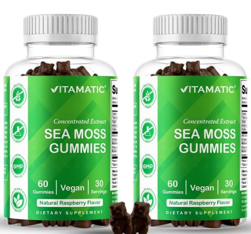 Vitamatic Sea Moss Gummies with Bladderwrack & Burdock, 60 Gummies - 2 Pack | Premium Botanical Blend for Immune Support*, Natural Raspberry Flavor, Vegan, Non-GMO, Gluten Free.