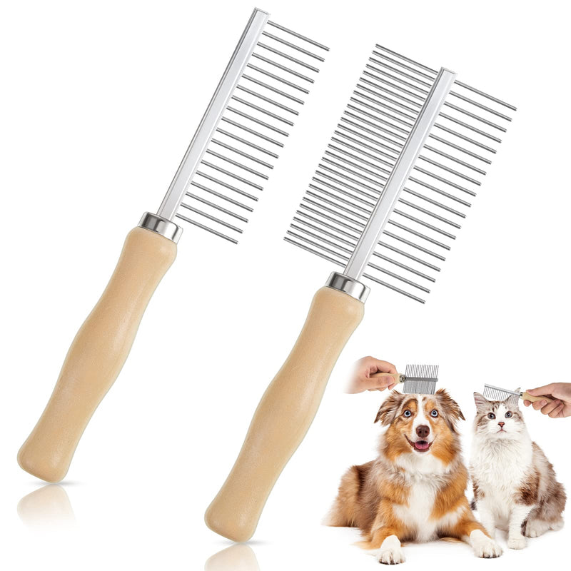 Stainless Steel Pet Grooming Comb Set - 2 Pcs Double-Sided Metal Combs with Wooden Handles for Dogs and Cats, Long and Short Fur, Flea Removal Brush Tool - BeesActive Australia